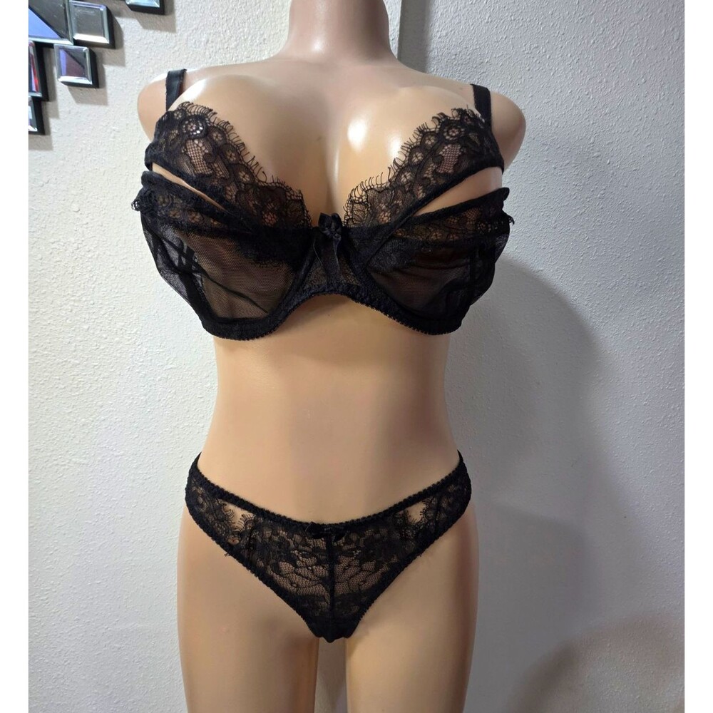 L'Agent by Agent Provocateur Black Floral Lace Mesh Sheer Bra Set UK 34E